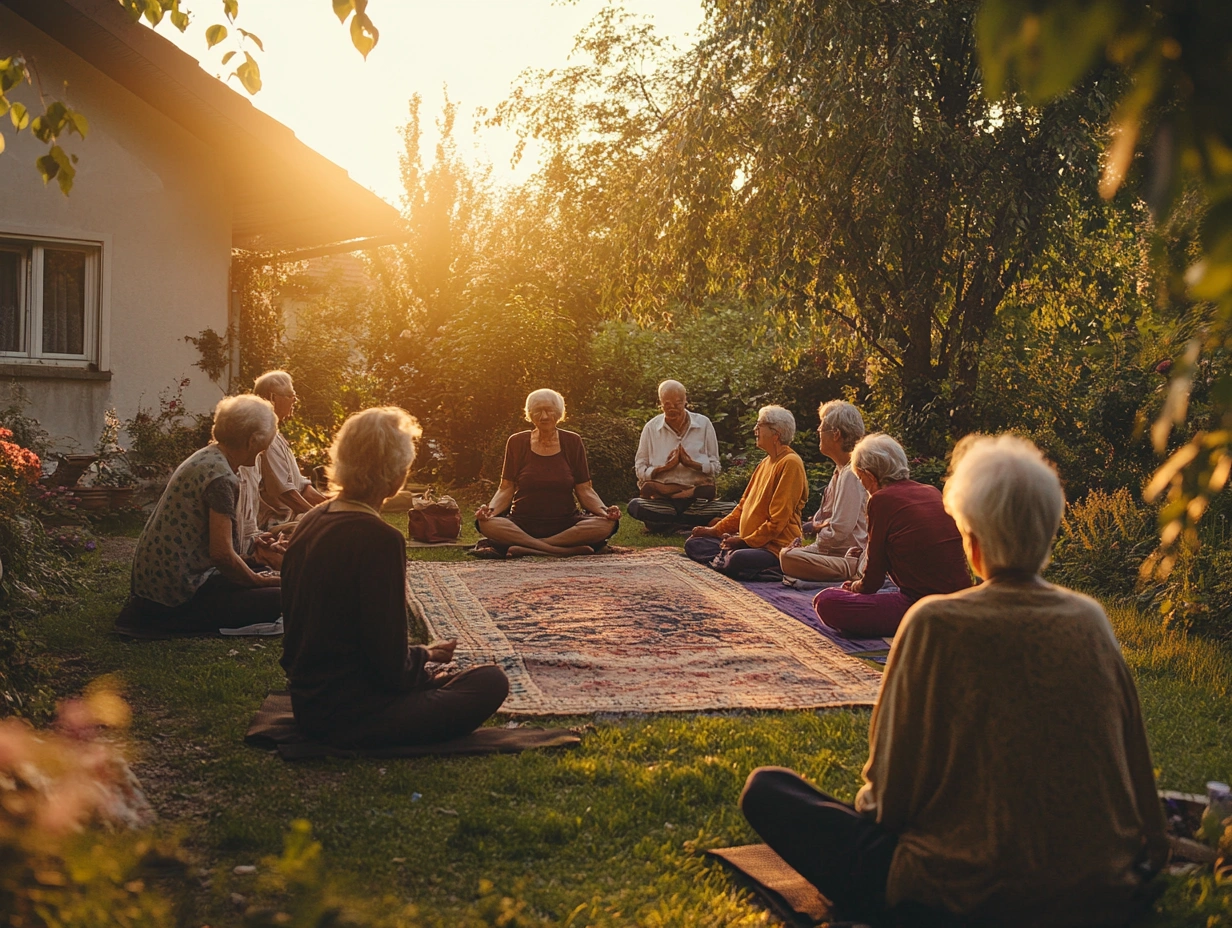 Група старших людей виконують м'яку йогу на природі