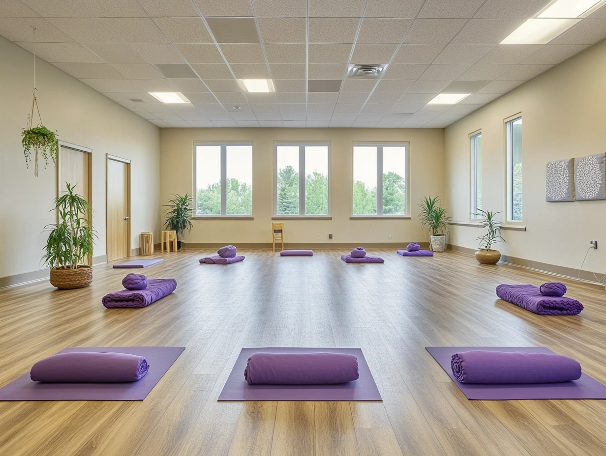 Просторий зал для йоги з дерев'яною підлогою та м'яким природним освітленням