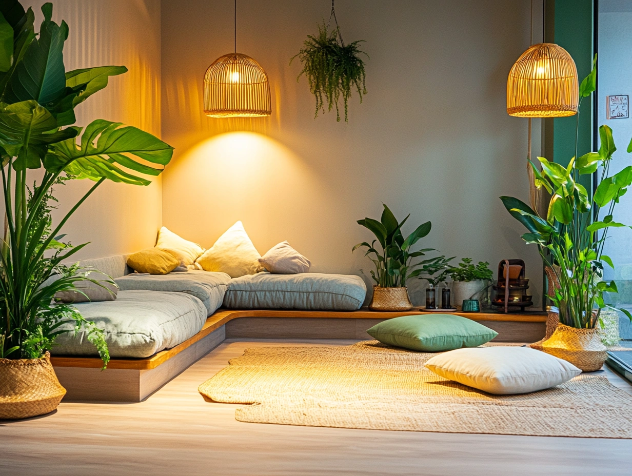 Зона відпочинку з зеленими рослинами та зручними подушками для медитації